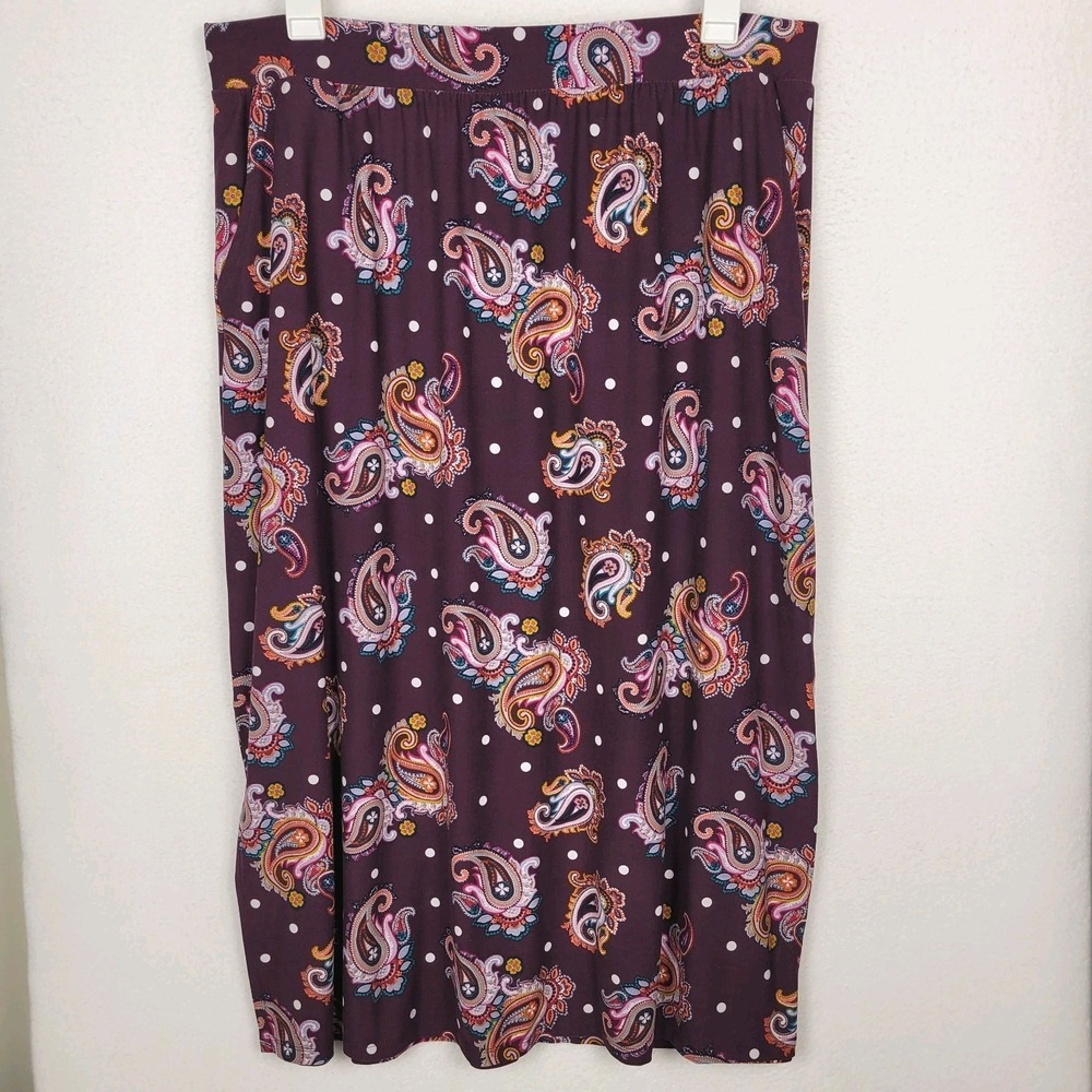 Terra‎ & Sky Plus Size 1X Maxi Skirt Plum Purple Paisley Polka Dot Stretch